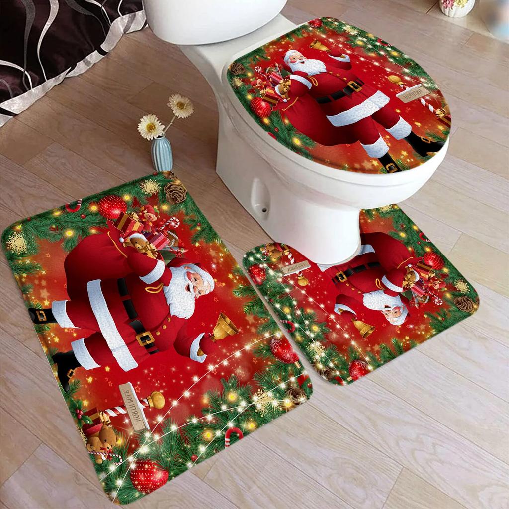 Red Christmas Shower Curtain Set Funny Santa Claus Gift Green Pine Branches Xmas Balls Home Bathroom Decor Bath Mat Toilet Cover