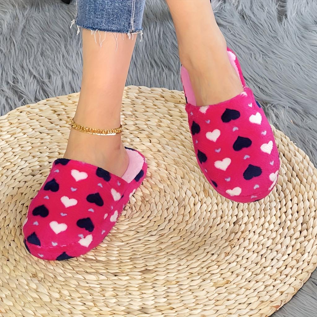 Women's Elegant Plush Slip-On Slippers with Heart Pattern Soft Cozy Indoor/Outdoor House Shoes