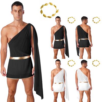 Mens Ancient Greek Costume One Shoulder Skirted Bodysuit Gold Leaf Headpiece Mythology Cosplay Set