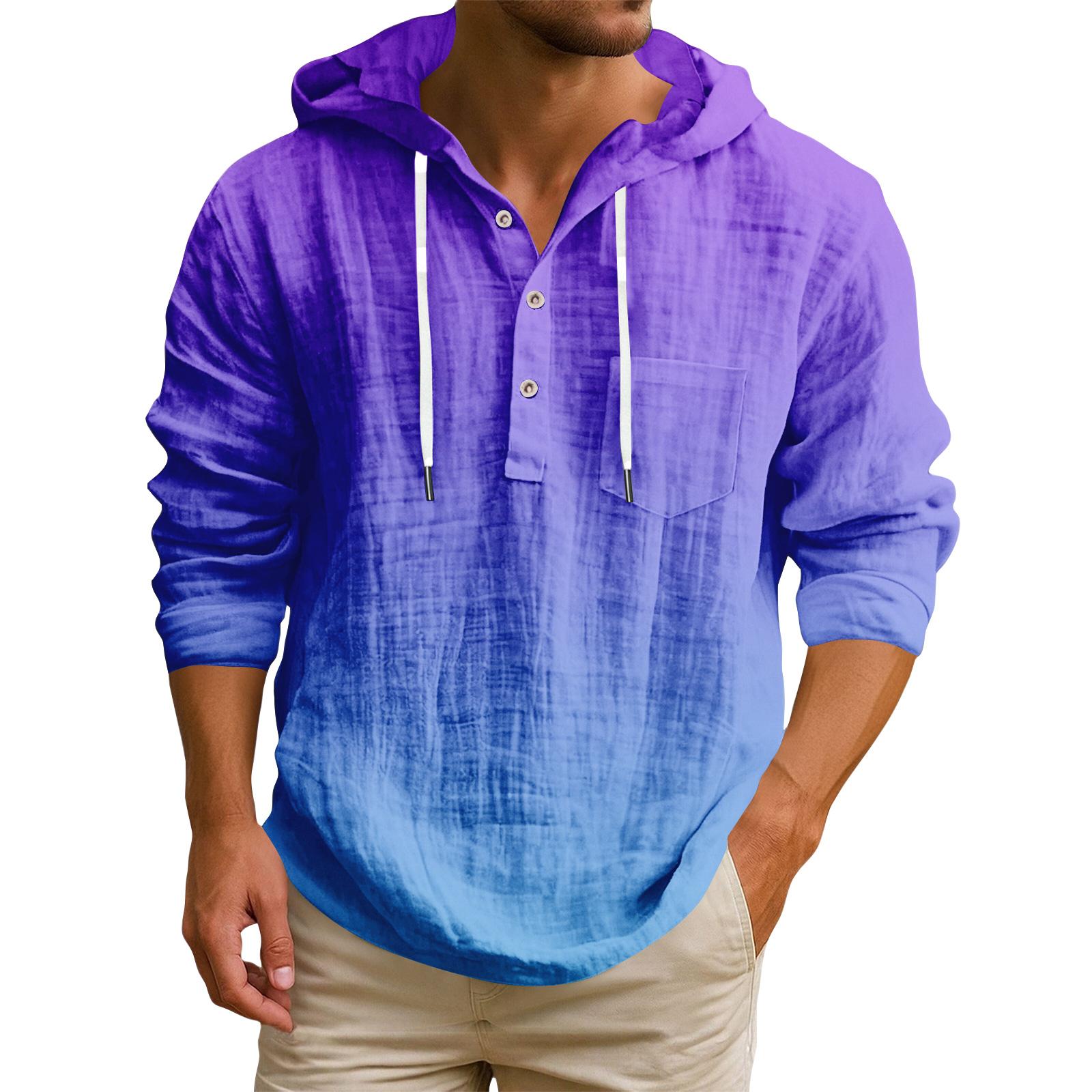 

Мужская футболка с капюшоном градиентного цвета из хлопка и льна, мужской повседневный топ с длинным рукавом L