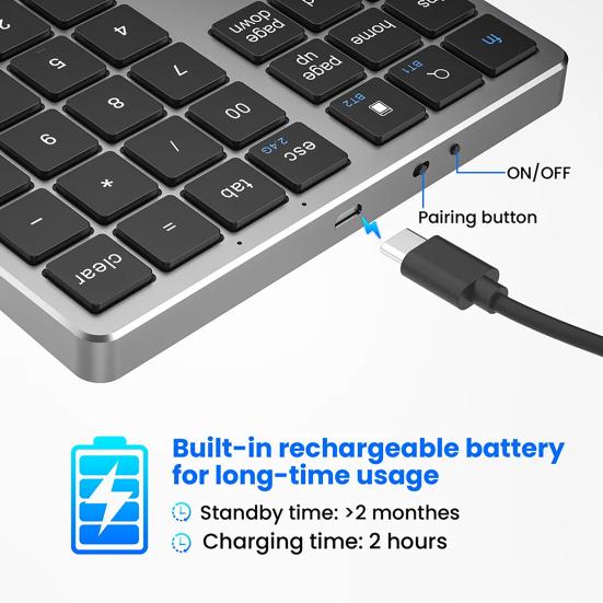 Mini numerická klávesnice 2,4G bezdrátová Bluetooth kompatibilní s duálními režimy 35 kláves Tichý přenosný notebook Klávesnice pro telefon Počítačové příslušenství