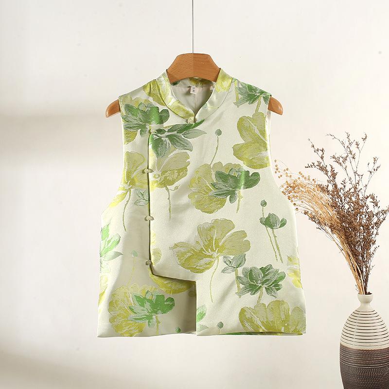 

Зеленый лотос парчовый жаккардовый жилет женский новый продукт косая застежка воротник-стойка темпераментный жилет без рукавов XXXL [Recommended 138-75kg]