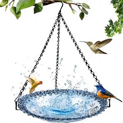 Robuster Vogelbad-Wasserfutterspender für den Außenbereich mit rostfreien schwarzen Ketten, hängender Vogelbad-Kolibri-Futterspender