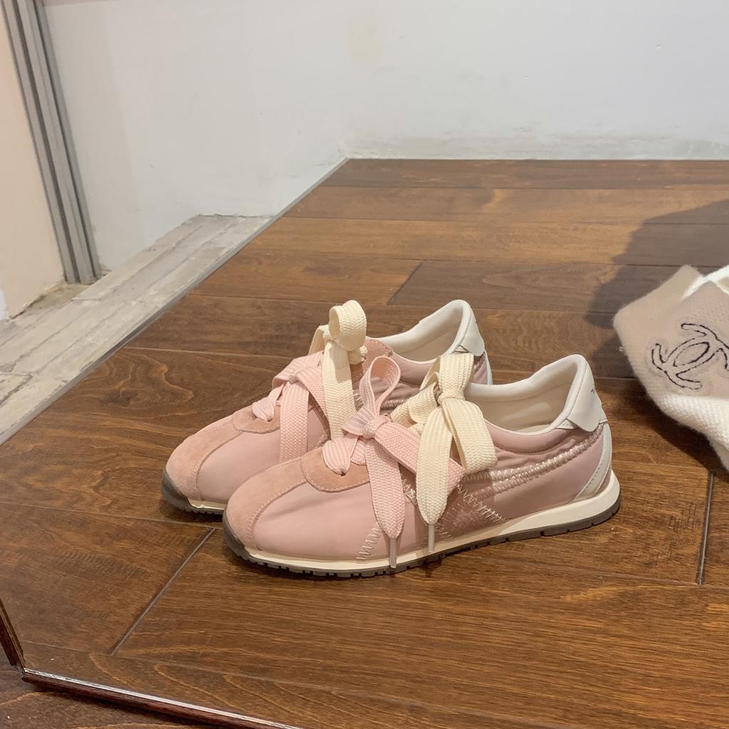 Cowhide version of grape mother, the same Korean blogger fashionable round head contrasting color miu lace-up casual Forrest Gump training shoes women