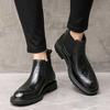 British Style Men's Brogue Detailing Chelsea Boots High Top Business Casual Leather Black Work Boots