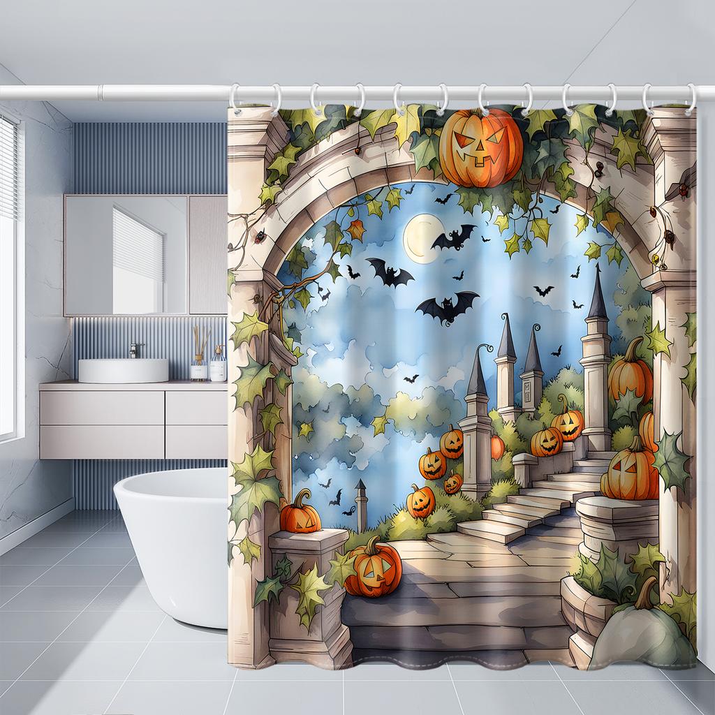 1pc Simulated Window Pumpkin Tree Halloween Bat Shower Curtain with Plastic Hooks, Decorated In Autumn and Winter Style