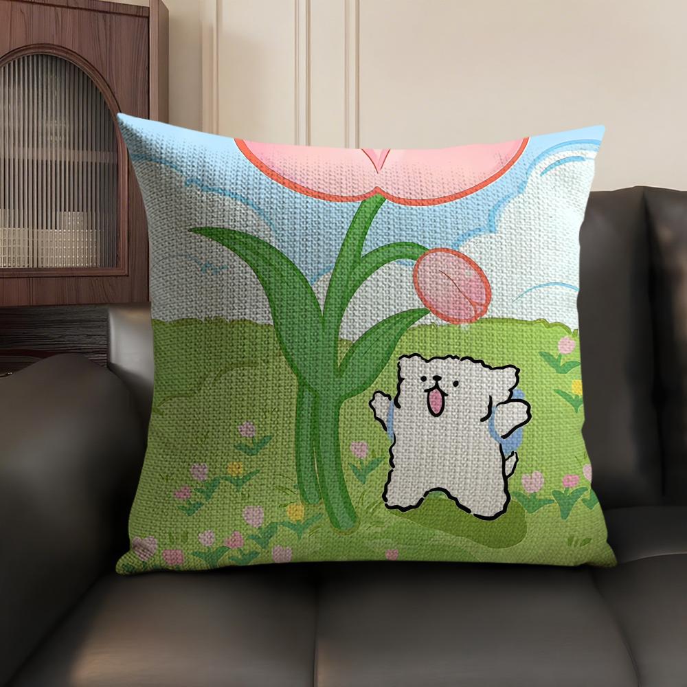 Cute Lover Korean Line P-Puppy Cushion Cover Natural Linen Organic Fabric Double-Sided Printing Sofa Home Decor Gift Pillow Case