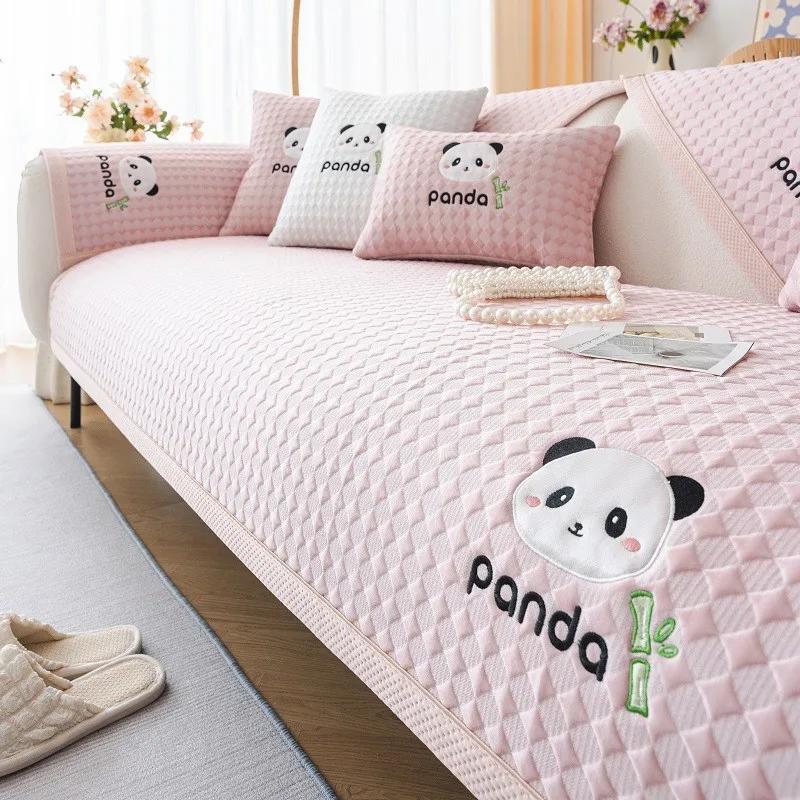 Summer Panda Head Embroidered Ice Silk Sofa Mat Anti Slip Modern Minimalist Seat Cushion Armrest Combination Covers