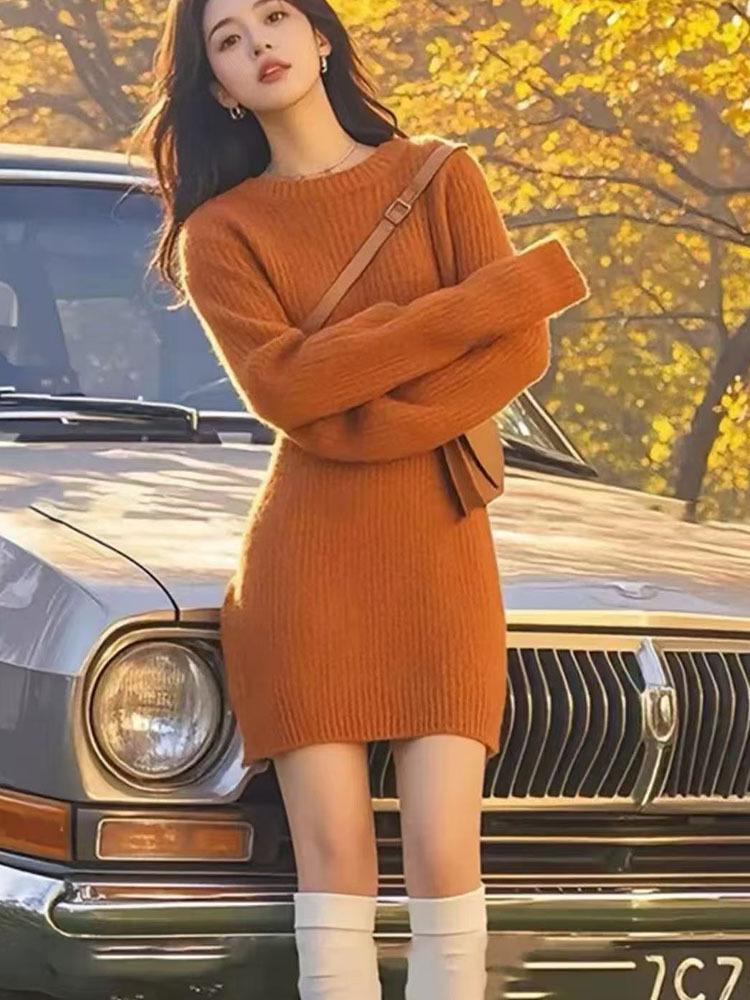 Wool Mid-Length Dress: Figure-Flattering, Slim-Fit, Elegant Skirt for Autumn/Winter - Hip-Hugging, Cross-Border Style.
