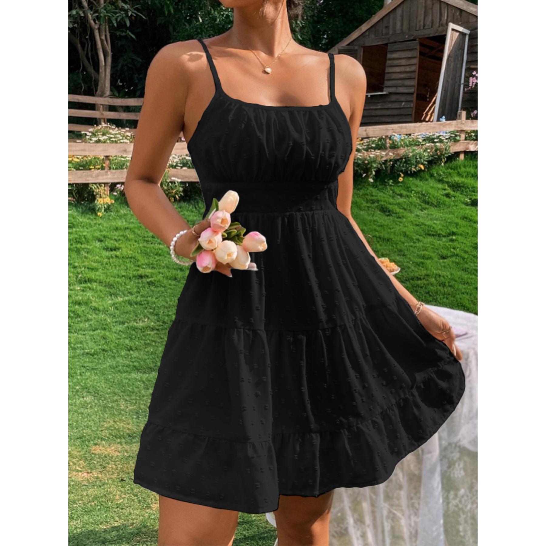 Summer Women s Sexy Waist-cinching Ruffled Plain Color Sleeveless Camisole Dress S чёрный