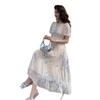 French Elegant Floral Dress Female Summer High Waist Skinny V-Neck Bubble Sleeve Sweet Salt Fairy Cake Dress