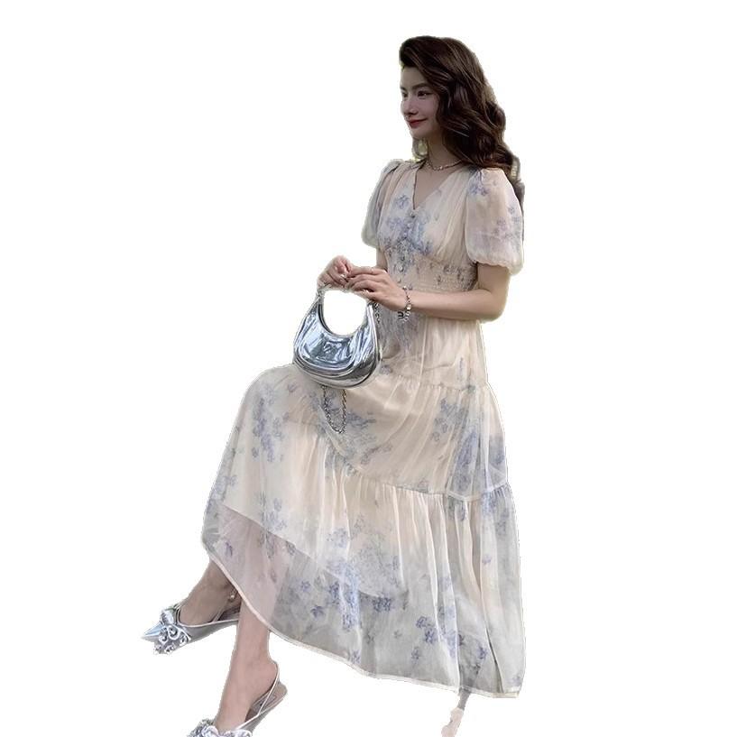 French Elegant Floral Dress Female Summer High Waist Skinny V-Neck Bubble Sleeve Sweet Salt Fairy Cake Dress