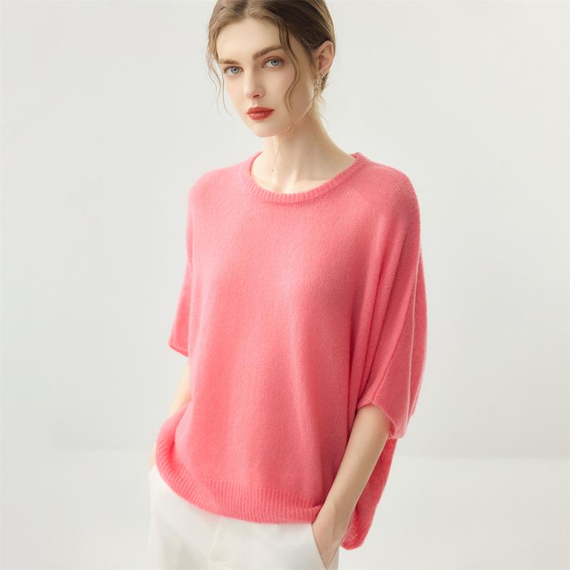 Lekasha Women's Cashmere Goat Wool Relaxed Round Neck Short Sleeve Base Layer Top