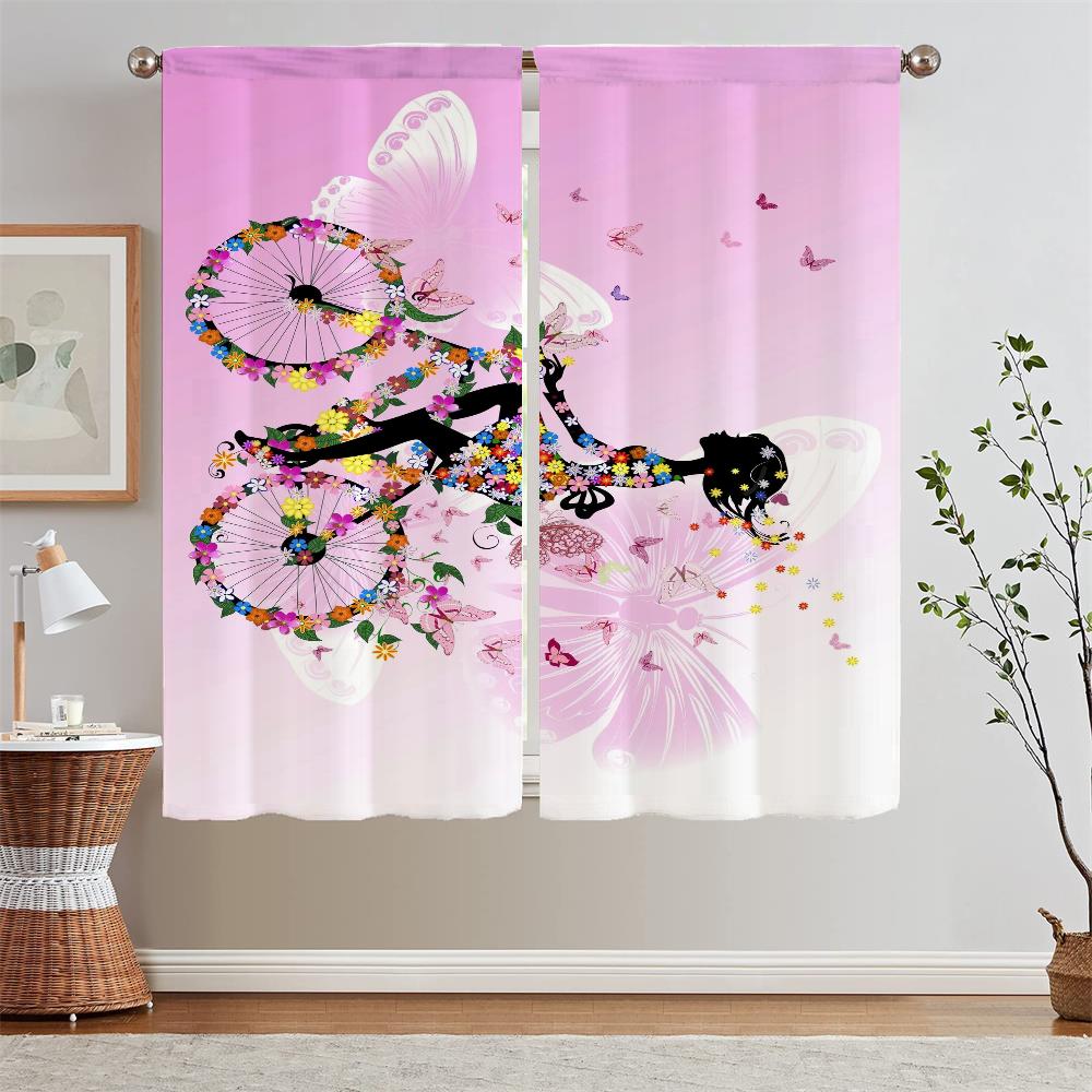 

Занавески с рисунком бабочки и велосипеда для кухни, 2 шт., карнизы для окон, завитки, шкафы для украшения гостиной W50xH70cmx2pcs-CL