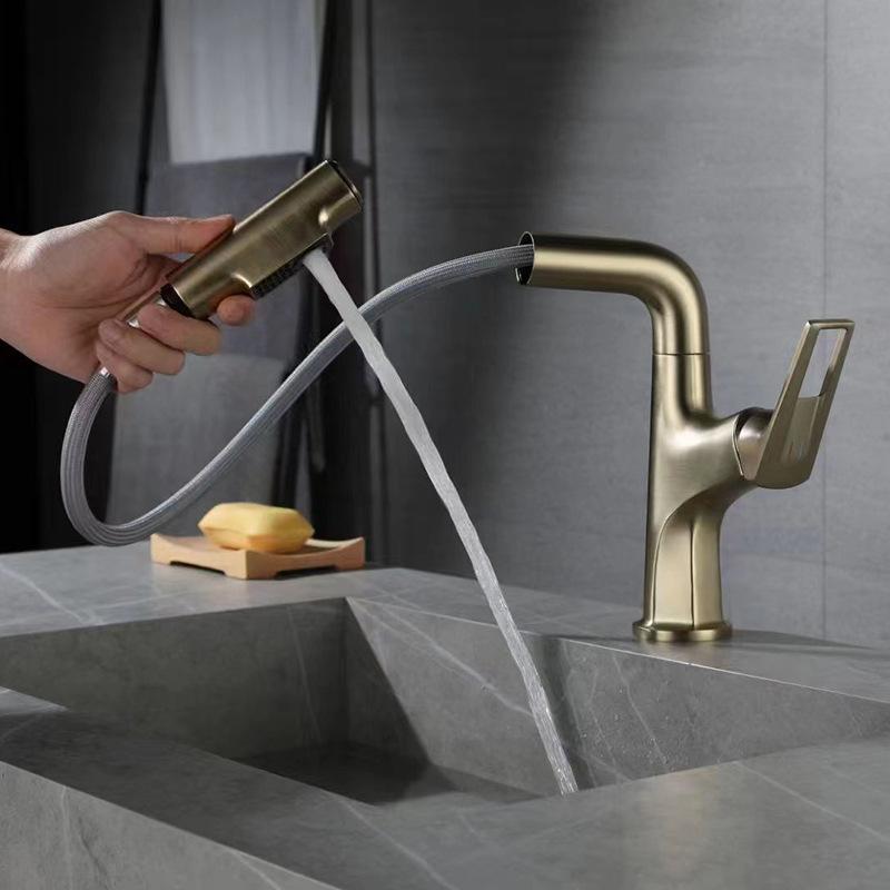 Brushed Gold Pull-out Bathroom Basin Faucet Brass Single Hole Single Handle Hot And Cold Mixed Sink Tap Gun Gray/White/Black