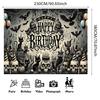 1 Gothic style cat skull birthday banner - Horror Halloween themed party decoration with black cats, bats, and skeletons