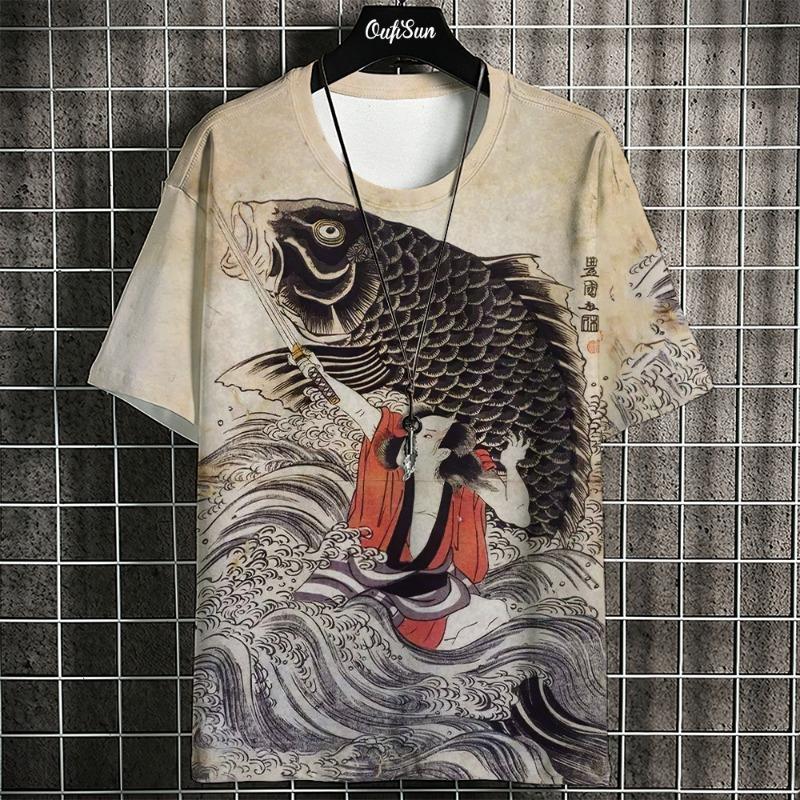 

Ukiyo-E T-Shirt For Men Japanese Tshirts 3d Animal Fish Print Short Sleeve XXS