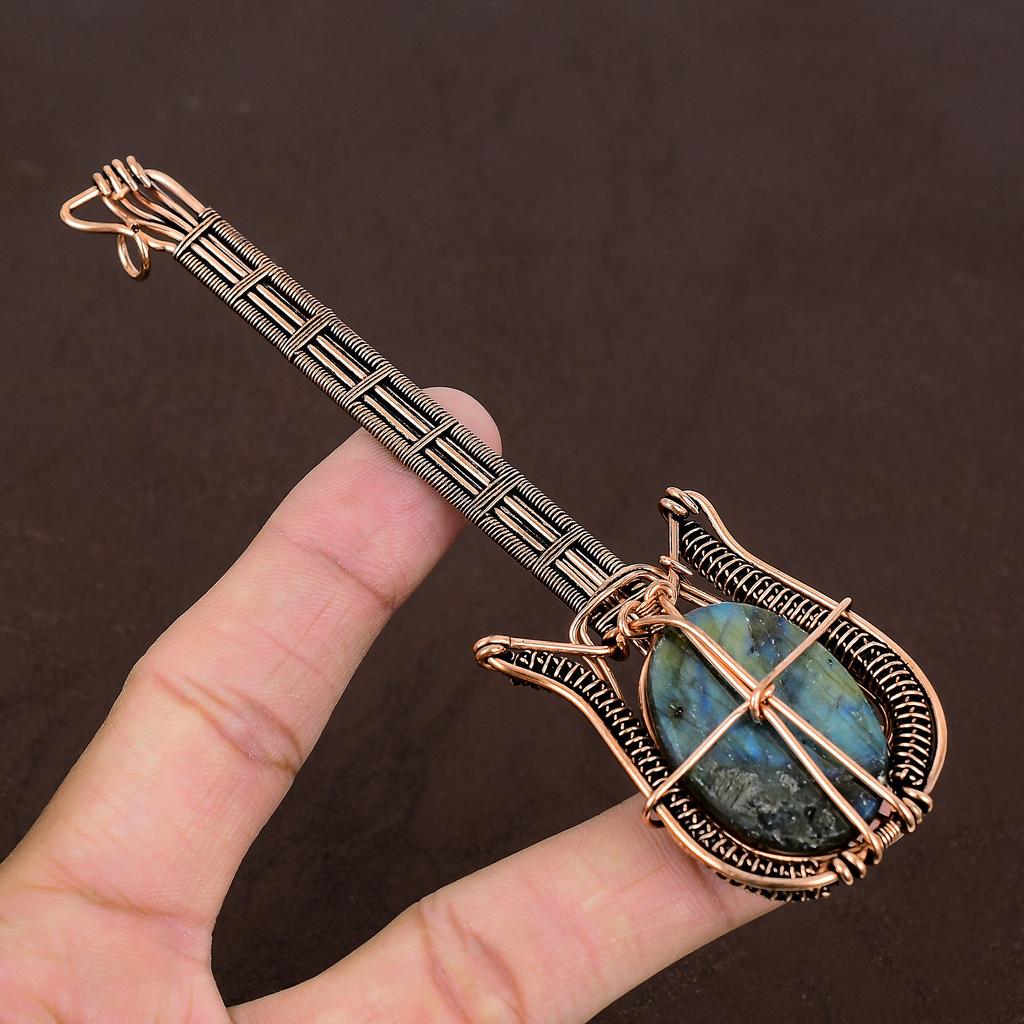 Labradorite Handmade Copper Wire Wrap Guitar Pendant 4.53" V3U44