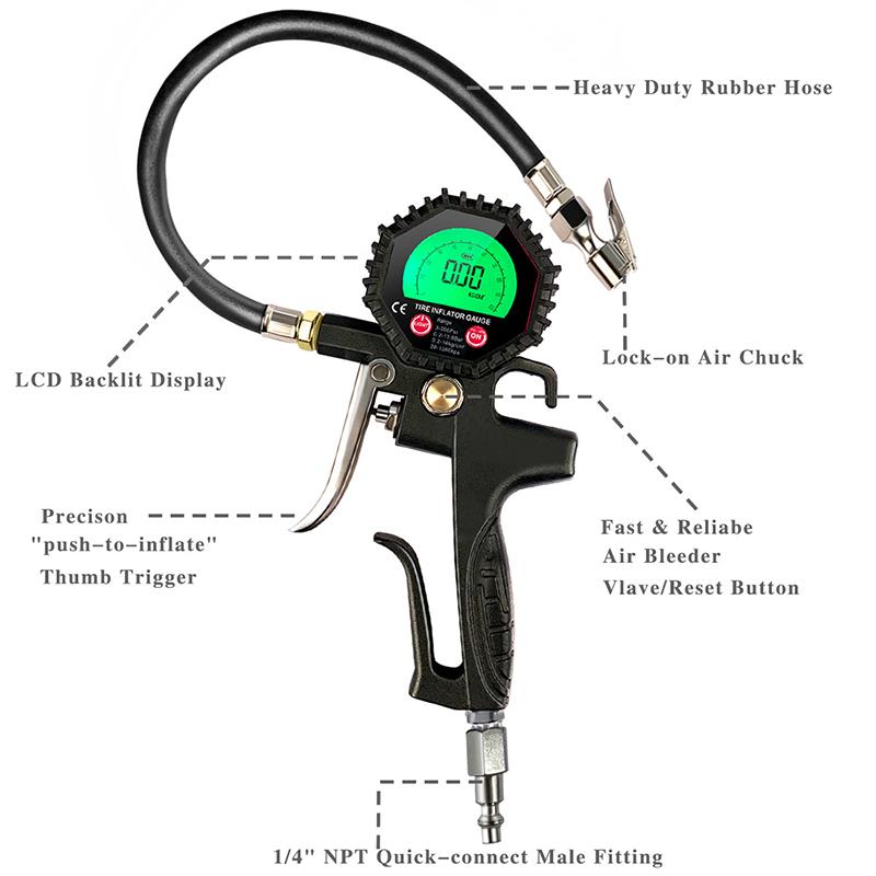 Digital Tire Preassure Gauge Inflator,250 PSI Tire Inflator Air Chuck Compressor Accessories manometer for Car Bike Rv Truck