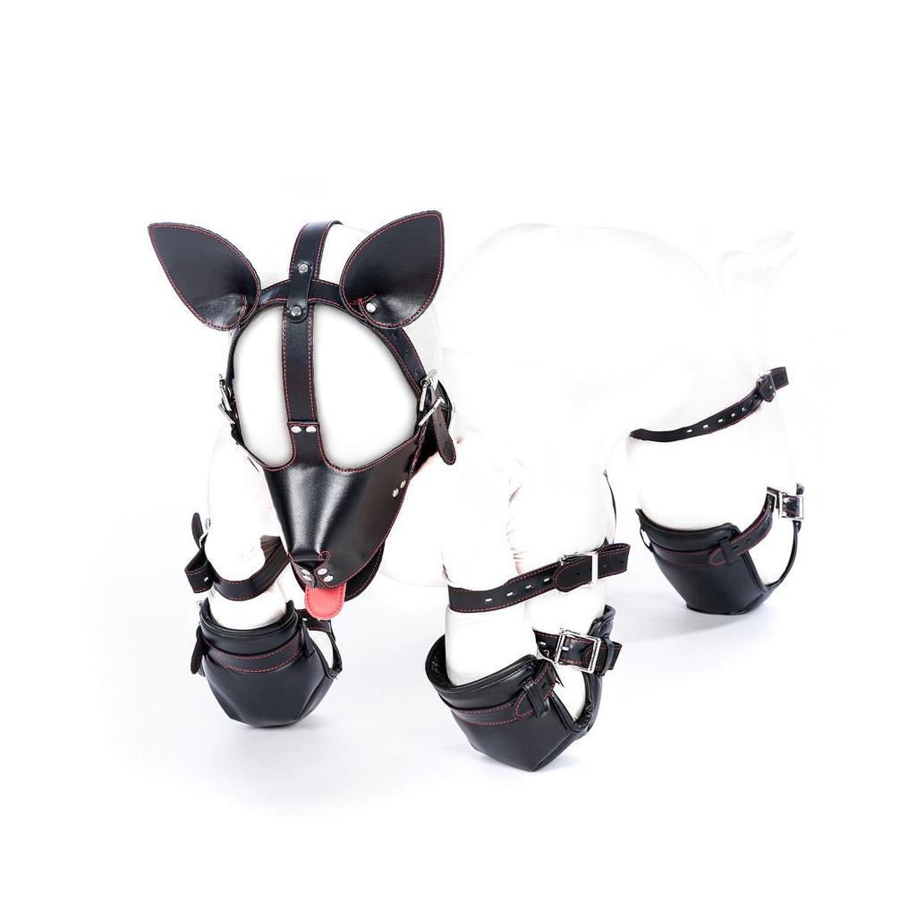 Five-Piece Kinky Pet Play Set: Crawling Suit, Kneeling Gloves, Dog Headgear, Knee Pads, Limb Restraints