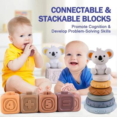High Quality Baby Soft Silicone Stacking Tower Blocks Toy Cubes Stacking Tower Bath Teether Rattles Kids Montessori Educational