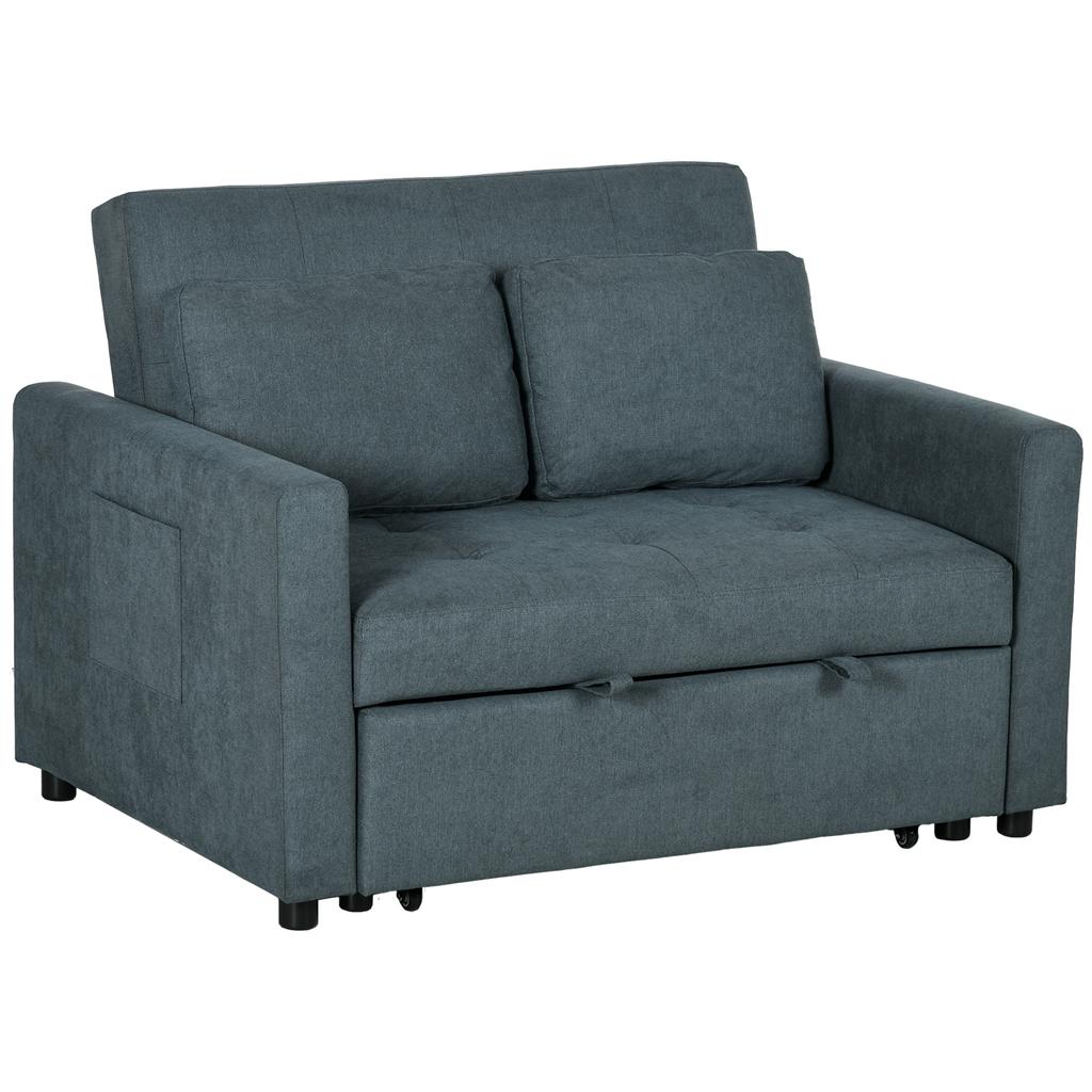 Loveseat Sofa Bed, Convertible Bed Settee with 2 Pillows, Side Pockets, Charcoal Grey