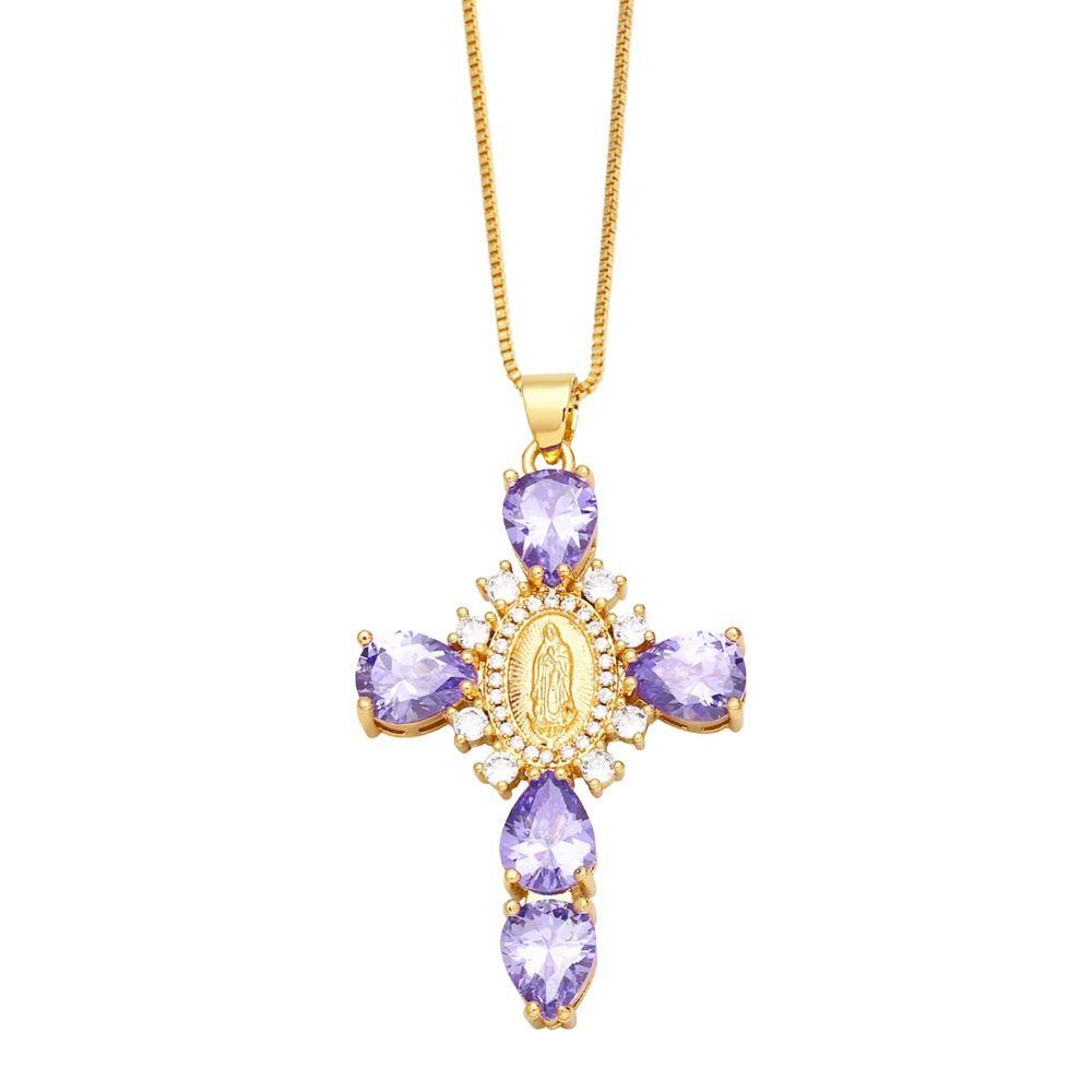 Light Zircon Cross Necklace Retro European Style Crucifix Pendant Chain  Church
