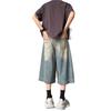 Summer thin retro blue and seven-point denim shorts for men and women loose wide-leg niche design straight pants