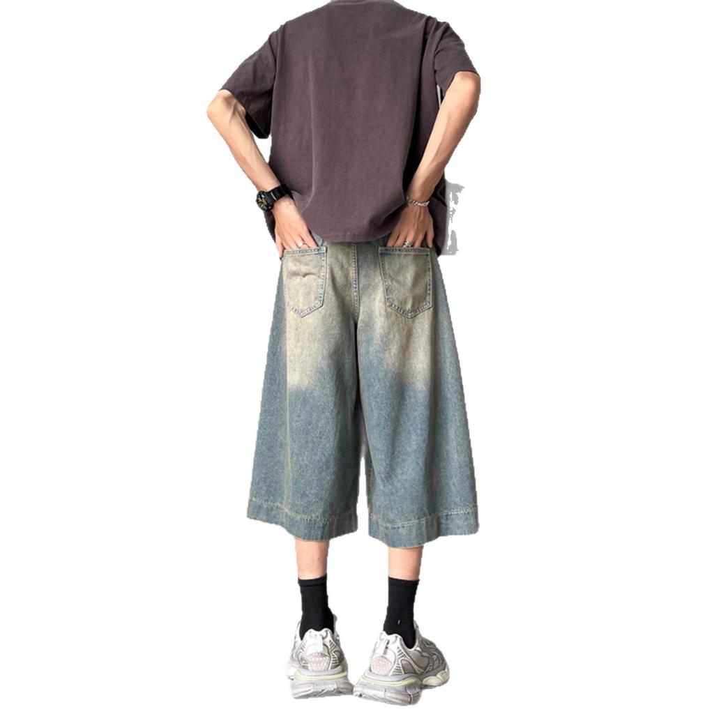 Summer thin retro blue and seven-point denim shorts for men and women loose wide-leg niche design straight pants
