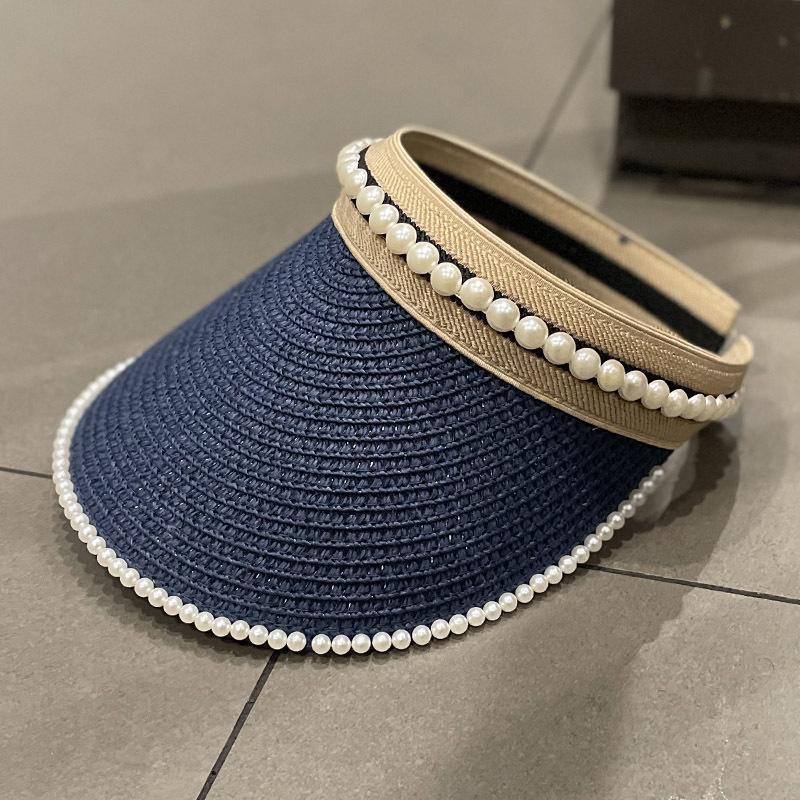 Women Straw Visor Hat With Pearl Decoration Breathable Sun Protection Headband For Spring Summer Travel And Daily Wear