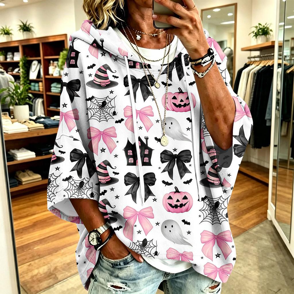 Women's Hoodie with Halloween Print, Loose Fit Casual Pullover Top