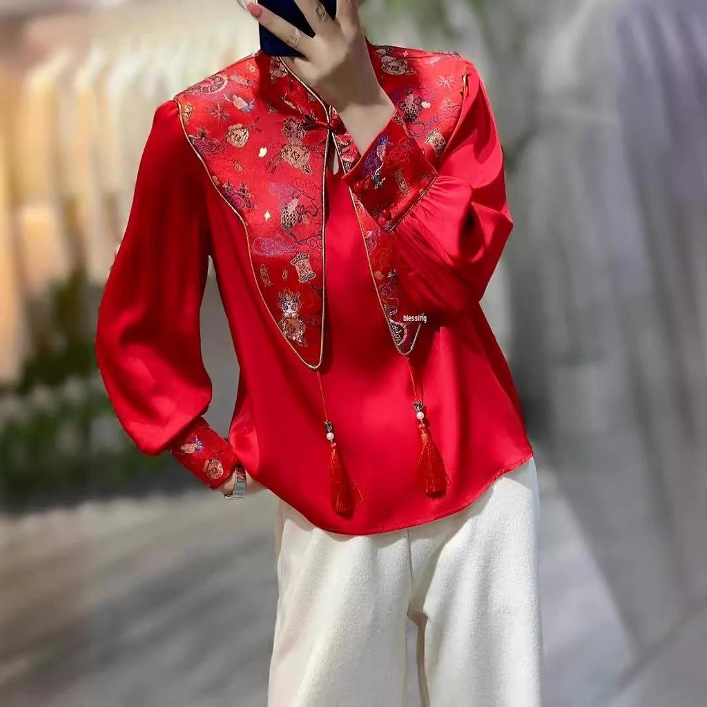 Chinese New Year 2024 Red Silk Dragon Shirt with Trumpet Sleeves