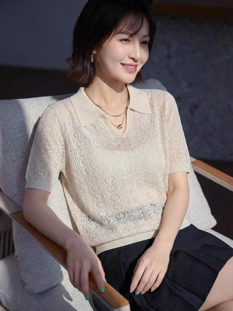 Women's Summer Short Sleeve Slimming Wool Knit Polo 