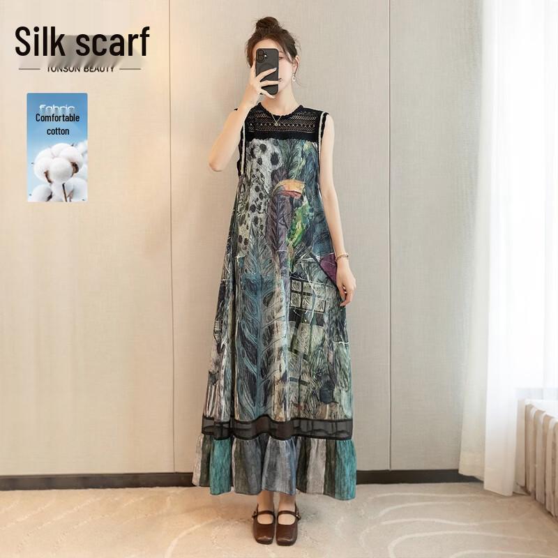 Women s Printed Sleeveless Lyocell Linen Blend Maxi Dress XXL