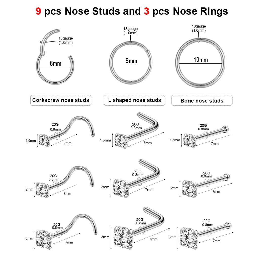 12-teiliges vergoldetes Diamant-Nasenring- & Stecker-Set