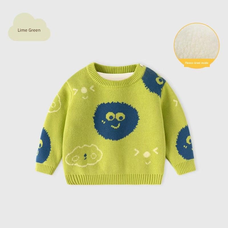 Fruit Green Emoticon Pattern Sweater for Boys and Girls, Autumn and Winter Children's Clothing, Thickened Children's Knitwear, Boys' Pullover Top