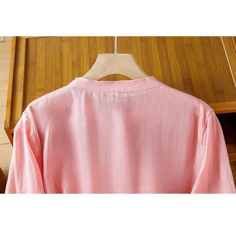 Retro Cotton and Linen Embroidered Shirt Women's Summer Western Style Thin Linen Small Shirt Three-quarter Sleeve Top