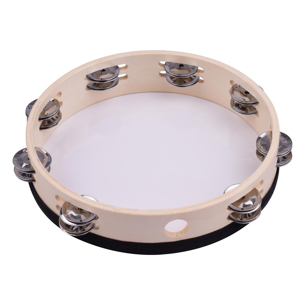 10 Inch Wooden Rdiant Tambourine Handbell Hand   with Double Row Jingles Reflective   Head Percussion Instrument Musical Toy
