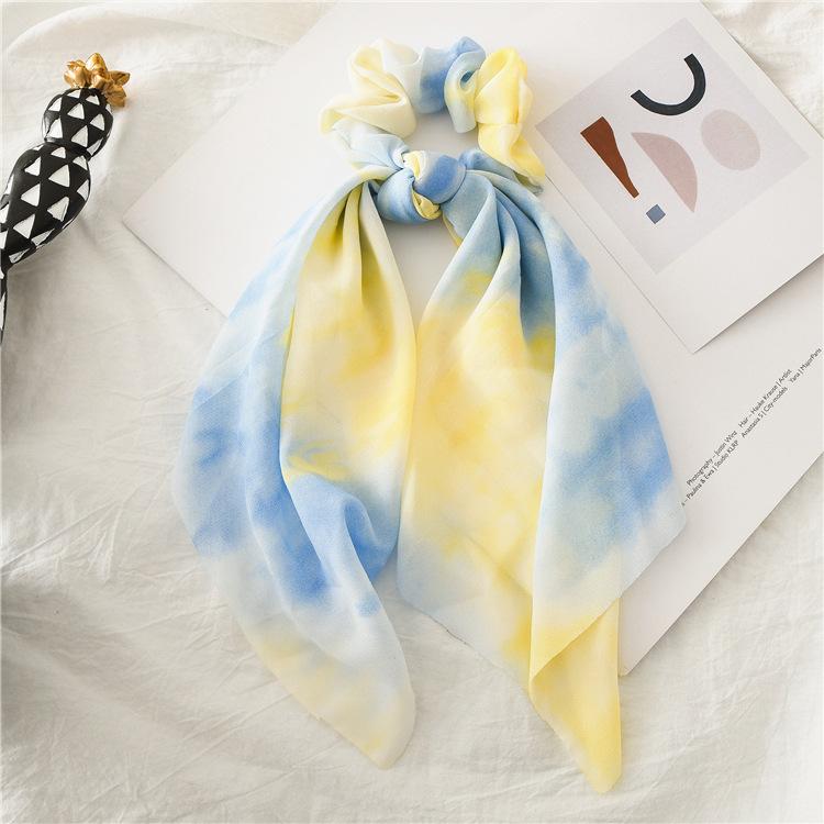 Tie Dye Print Chiffon Hair Scrunchie with Long Ribbon Bow Elastic Ponytail Holder Soft Fabric Hair Band Summer Beach Accessory XXS