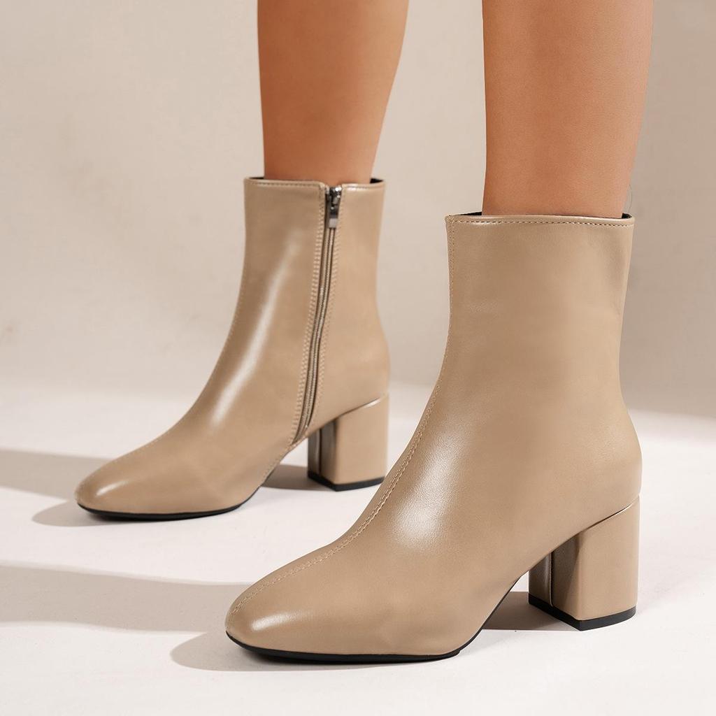 Dámské kotníkové boty do půl lýtka na vysokém podpatku - Podzim 2025 s bočním zipem, nadměrná velikost, robustní podpatek a čtvercová špička