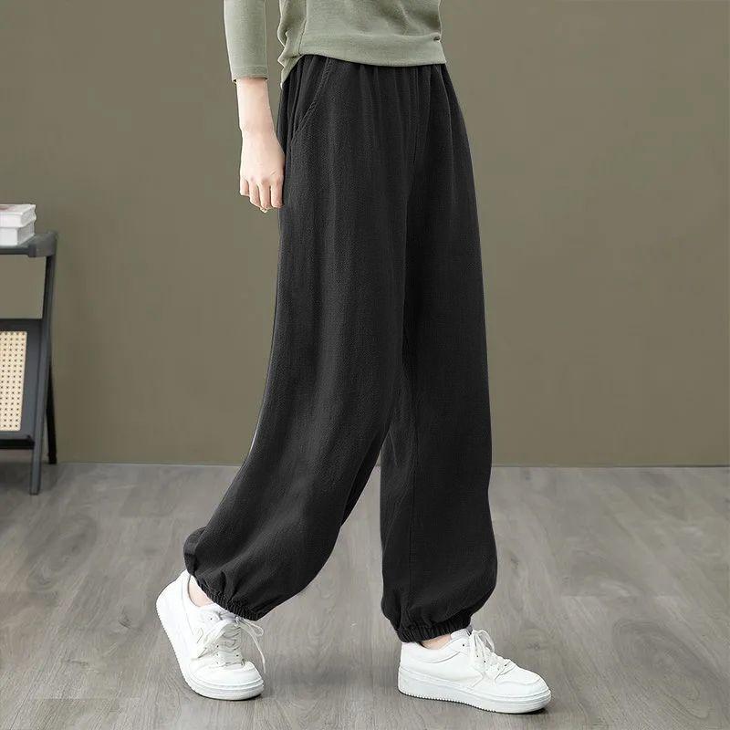 Women Fashion Casual Pants Spring Summer Loose Fit Elastic Waist Cotton Linen Tapered Ankle Pants