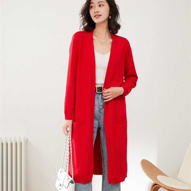Women's Knee-Length Knit Cardigan Coat - Solid Color Long Sleeve Autumn/Winter Sweater