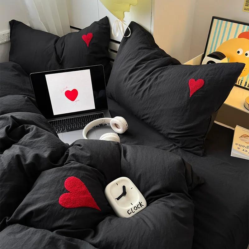 Washed Cotton Bedding Set Super Soft Cool Black Duvet Cover Set Heart-shaped Towel Bedding Skin Friendly Duvet Covers Bed Sheets