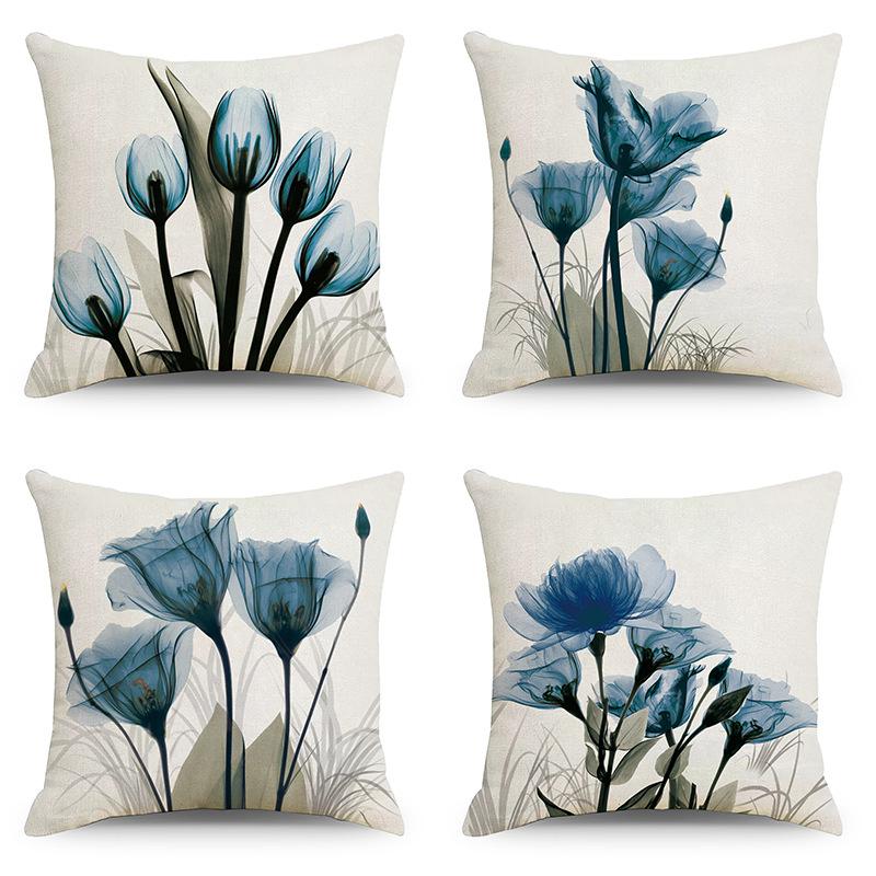 Blue Ink Linen Printed Pillowcase Home Sofa Car Office Pillowcase