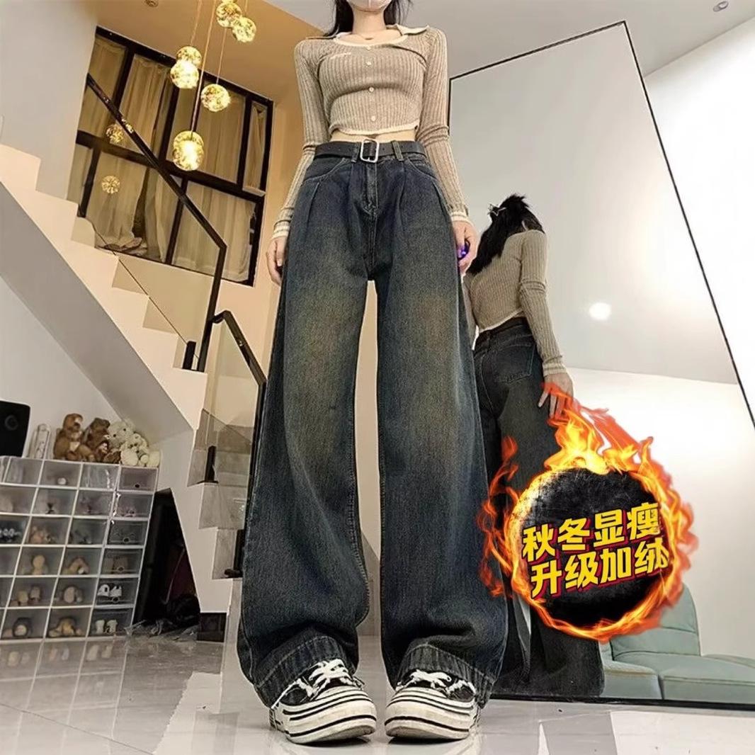 

Women s Retro American Fleece-Lined Straight-Leg Jeans, 2025 Autumn/Winter Style, Slimming, Trendy, Loose Fit S