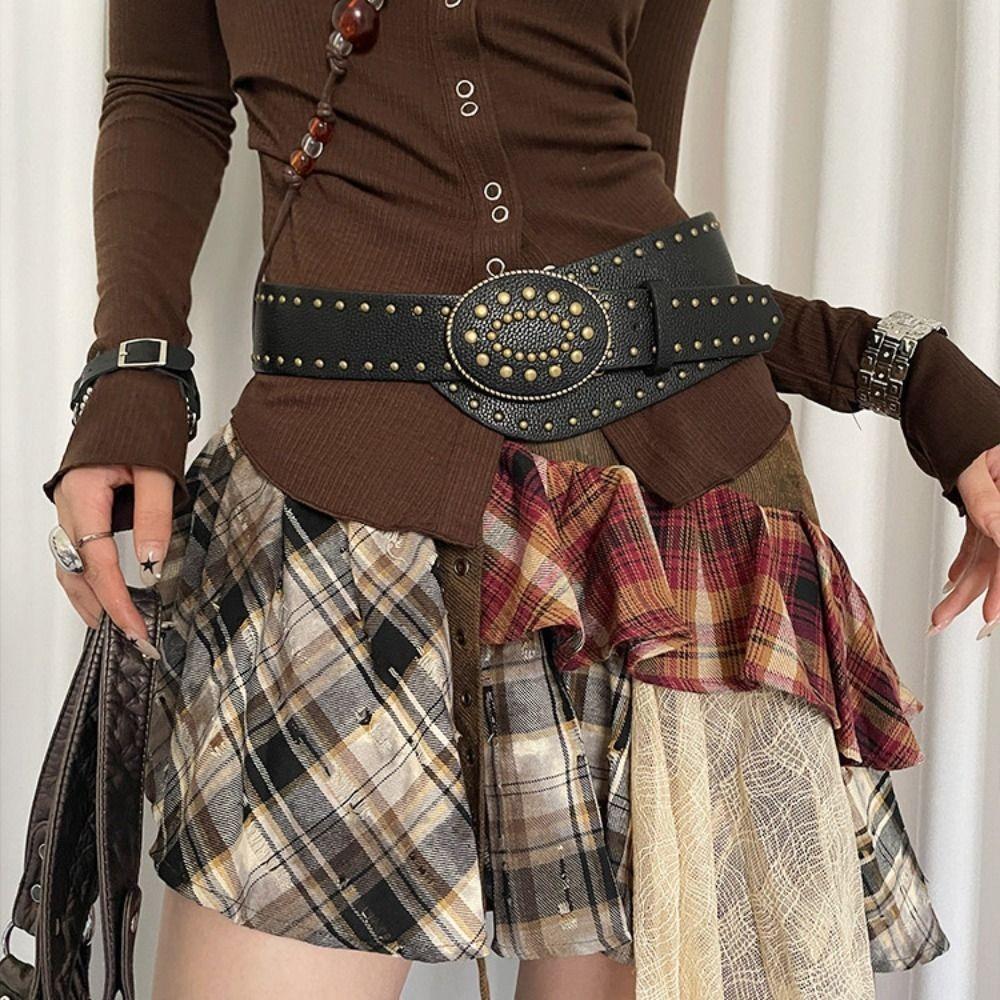 Rhinestone Flower Retro Street Rivet Belt Rivet PU Leather Belt Fashion Wide Waistband  Pants