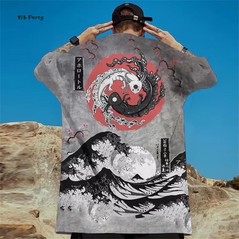 Japanese Ukiyo-E Men's T-Shirt Yin Yang Fish Printed Short Sleeve T-Shirt Oversized Casual Tops Summer Fashion Outdoor Clothing