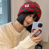Plaid Wool Knitted Beanie Cap For Women Elastic Winter Ear Warmer Skullies Caps Casual Outdoor Windproof Pullover Hats