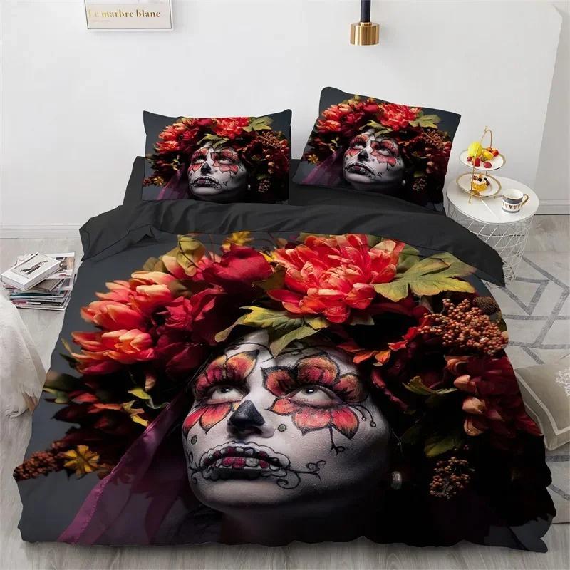 Skull Duvet Cover Queen Size Microfiber Vintage Sugar Skull Girl Day of The Dead Bride with Dark Color Roses Graphic Bedding Set