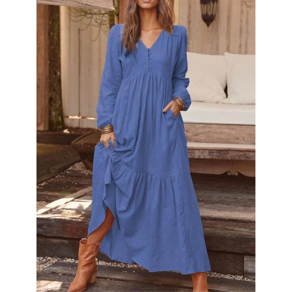 Autumn Spring Women's Vintage Style Long Dress Casual V-Neck Long Sleeve Loose Maxi Dresses Female Elegant Women's Clothing